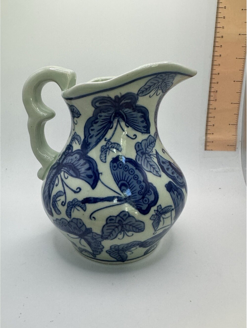 Stoneware - Blue & Beige Butterfly Pitcher, 5.25" tall